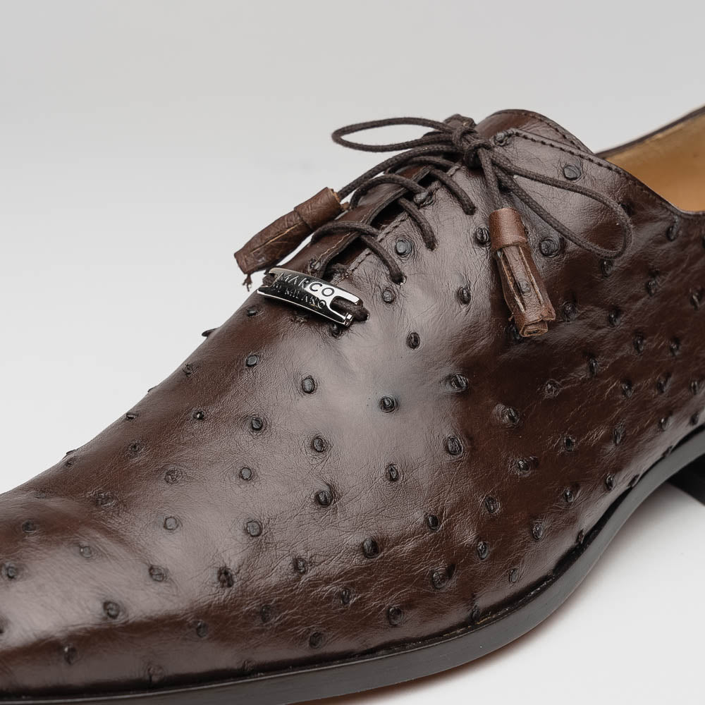 The Criss Brown by Marco Di Milano is a pair of luxury dress oxfords in dark brown genuine ostrich quill leather with decorative laces and a leather sole, shown with one shoe elegantly displayed on its side atop the other.