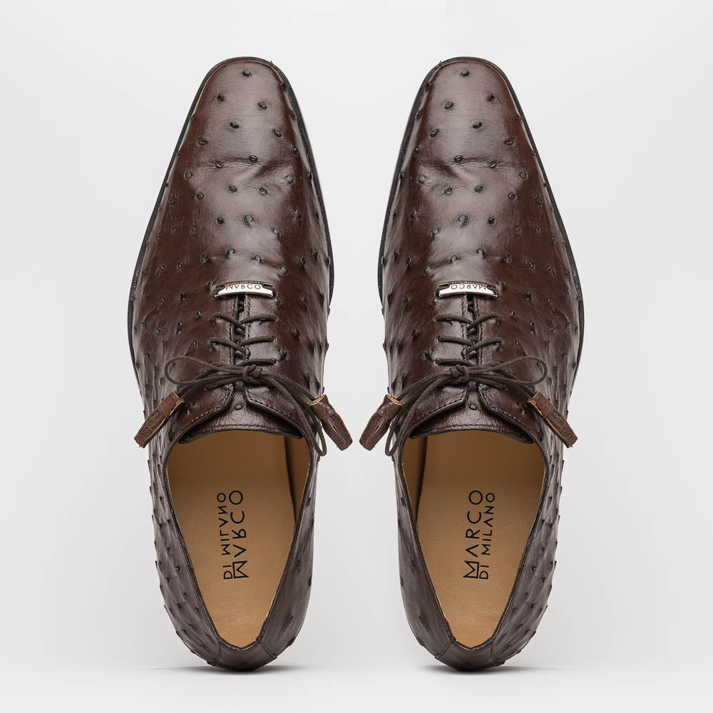 The Criss Brown by Marco Di Milano is a pair of luxury dress oxfords in dark brown genuine ostrich quill leather with decorative laces and a leather sole, shown with one shoe elegantly displayed on its side atop the other.