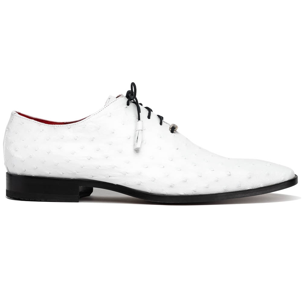 The Criss White by Marco Di Milano is a genuine ostrich quill luxury dress oxford featuring black laces, red inner lining, and a tan leather sole, shown on a white background.