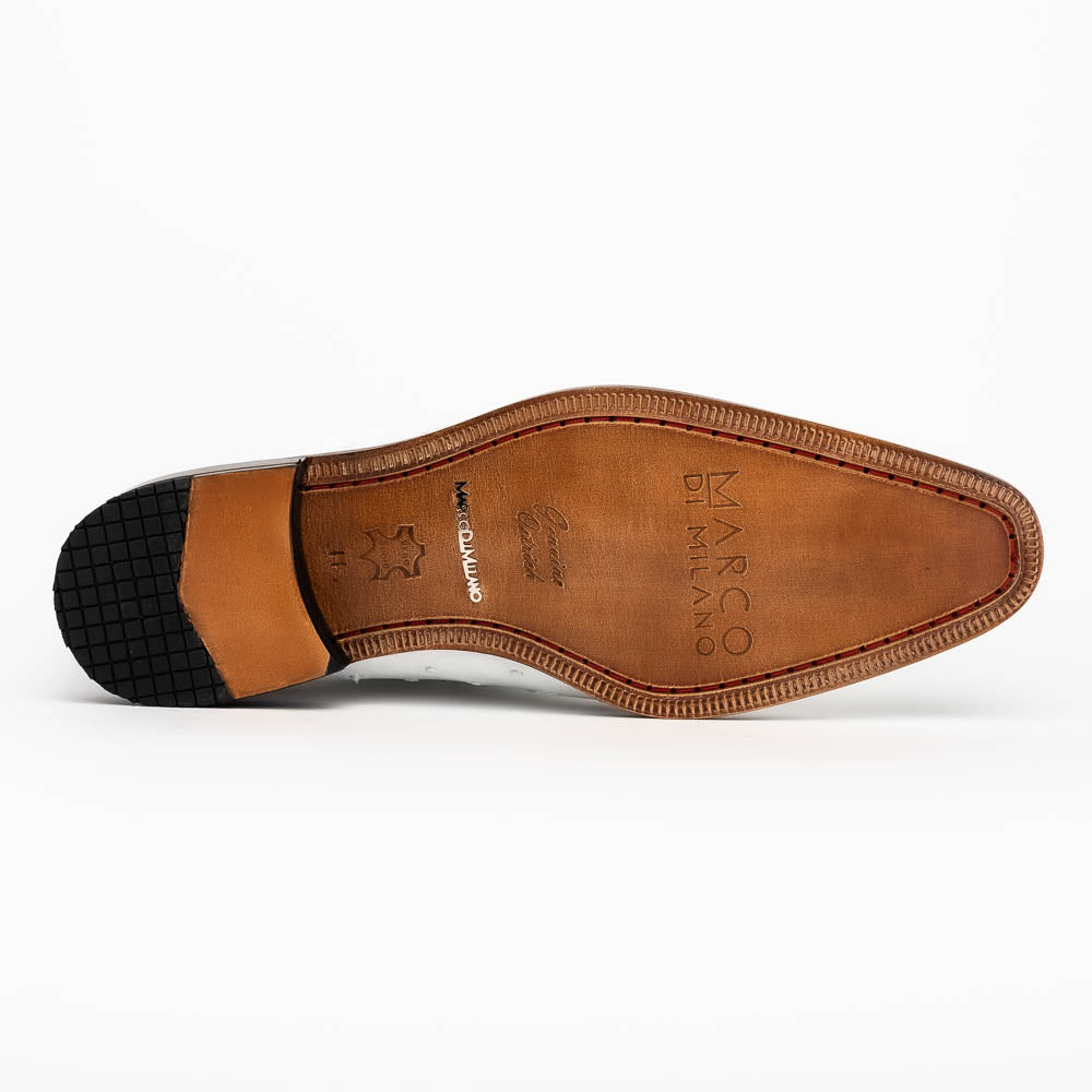 The Criss White by Marco Di Milano is a genuine ostrich quill luxury dress oxford featuring black laces, red inner lining, and a tan leather sole, shown on a white background.