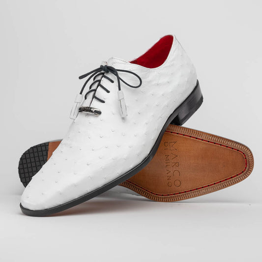 The Criss White by Marco Di Milano is a genuine ostrich quill luxury dress oxford featuring black laces, red inner lining, and a tan leather sole, shown on a white background.