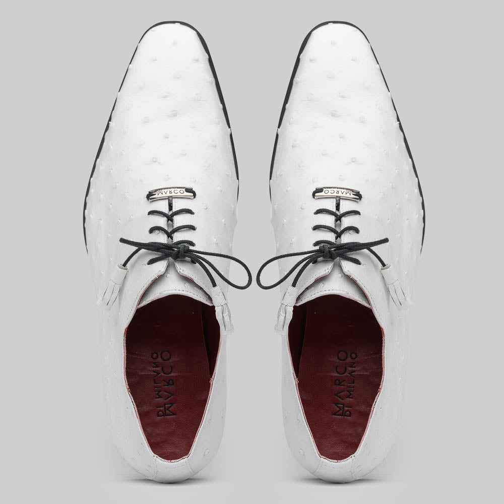 The Criss White by Marco Di Milano is a genuine ostrich quill luxury dress oxford featuring black laces, red inner lining, and a tan leather sole, shown on a white background.