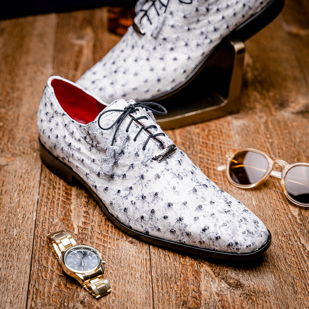 Criss Newspaper by Marco Di Milano: luxury men's dress shoes with a black floral-on-white design, black laces, red lining, brown branded leather soles, and crafted from genuine ostrich quill for exceptional elegance.