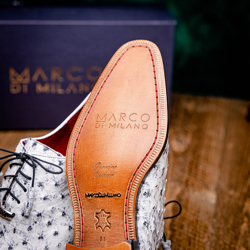 Criss Newspaper by Marco Di Milano: luxury men's dress shoes with a black floral-on-white design, black laces, red lining, brown branded leather soles, and crafted from genuine ostrich quill for exceptional elegance.