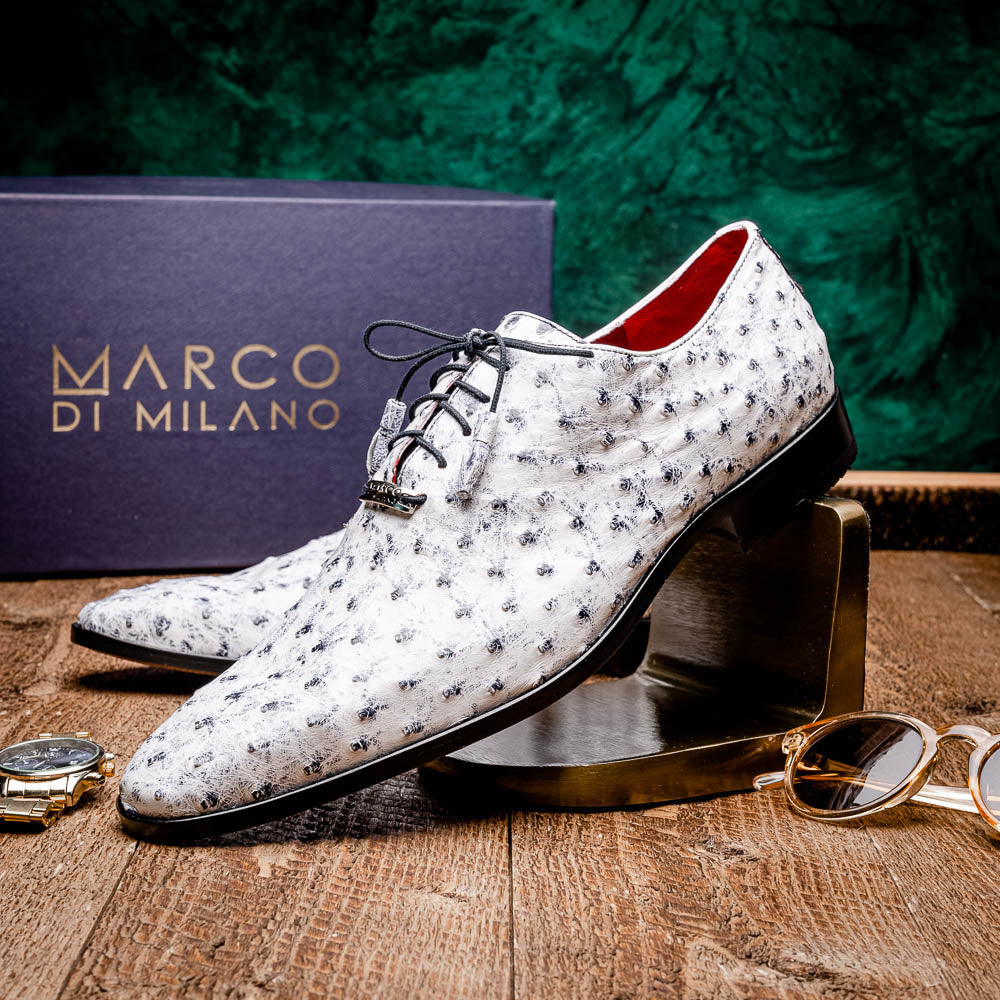 Criss Newspaper by Marco Di Milano: luxury men's dress shoes with a black floral-on-white design, black laces, red lining, brown branded leather soles, and crafted from genuine ostrich quill for exceptional elegance.