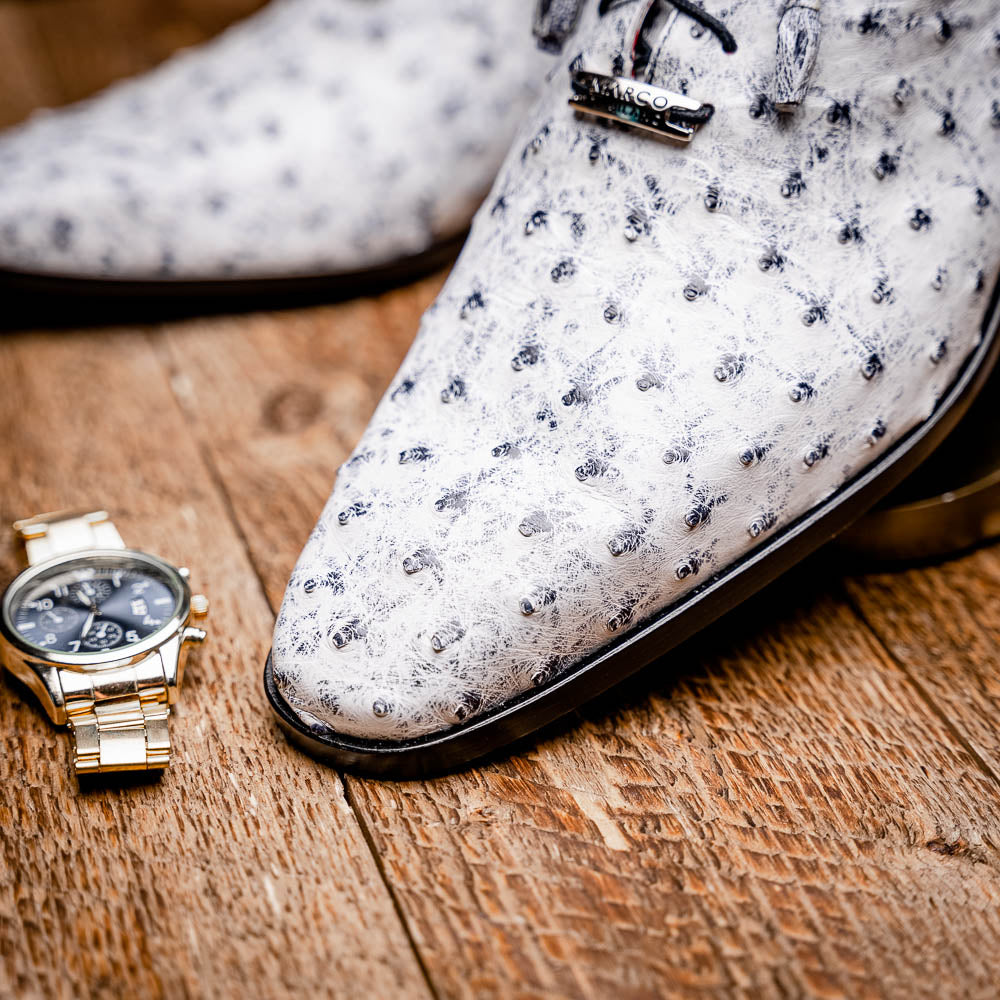 Criss Newspaper by Marco Di Milano: luxury men's dress shoes with a black floral-on-white design, black laces, red lining, brown branded leather soles, and crafted from genuine ostrich quill for exceptional elegance.