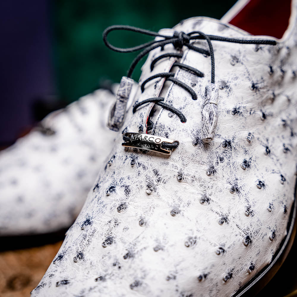 Criss Newspaper by Marco Di Milano: luxury men's dress shoes with a black floral-on-white design, black laces, red lining, brown branded leather soles, and crafted from genuine ostrich quill for exceptional elegance.