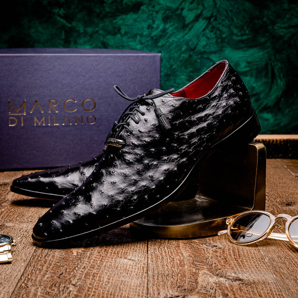 The Marco Di Milano Criss Black is a pair of genuine ostrich quill Oxford shoes with red interior lining and tan leather soles—ideal for luxury footwear enthusiasts seeking refined style.
