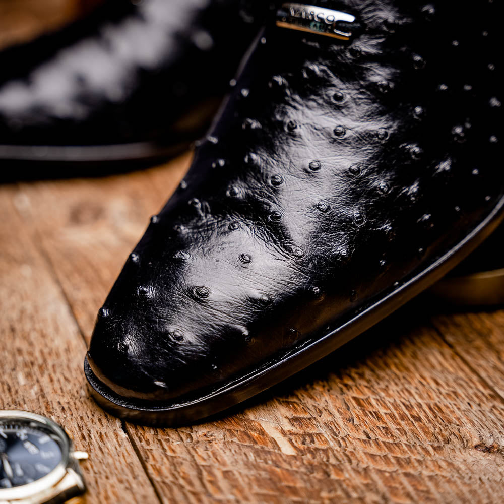 The Marco Di Milano Criss Black is a pair of genuine ostrich quill Oxford shoes with red interior lining and tan leather soles—ideal for luxury footwear enthusiasts seeking refined style.