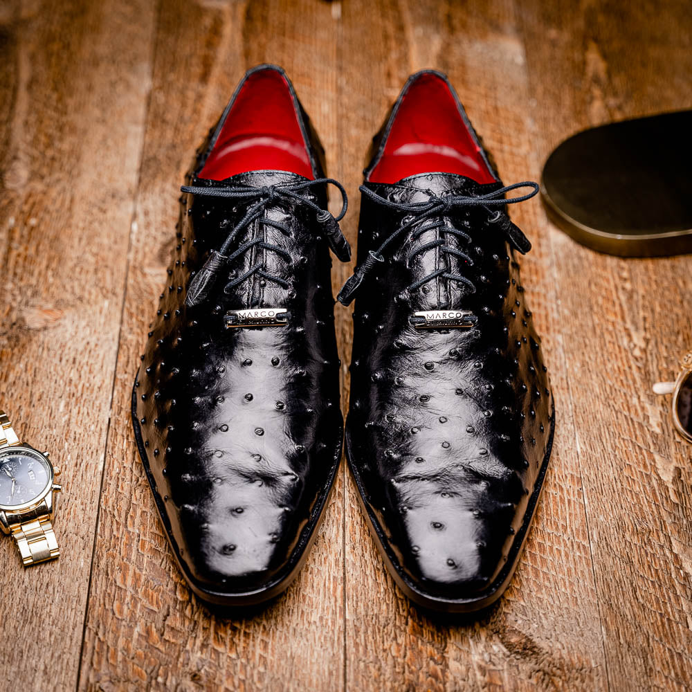 The Marco Di Milano Criss Black is a pair of genuine ostrich quill Oxford shoes with red interior lining and tan leather soles—ideal for luxury footwear enthusiasts seeking refined style.