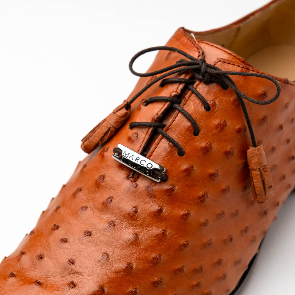 A pair of Criss Brandy genuine ostrich quill leather luxury dress oxfords by Marco Di Milano, with one shoe upright and the other sole up to display the brand name.