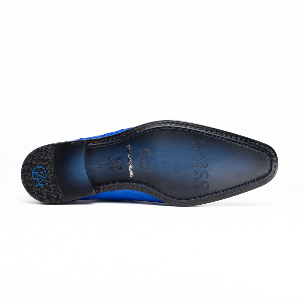 Introducing the Criss Electric Blue by Marco Di Milano—a pair of vibrant blue genuine ostrich quill leather oxford dress shoes featuring stylish laces and sleek metal detailing. One shoe stands upright while the other displays its beautifully crafted sole, making them an exceptional choice for anyone looking for distinctive luxury footwear.