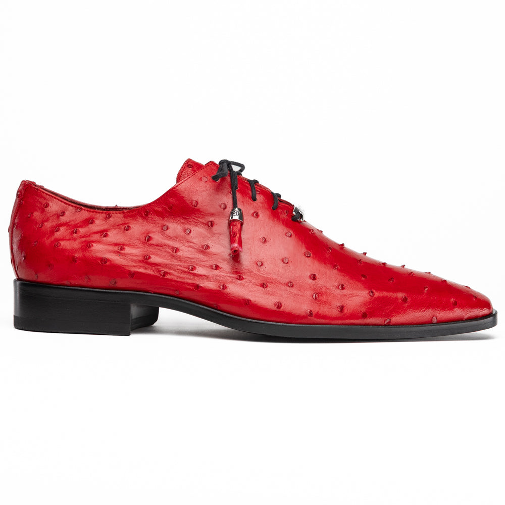 Introducing the Criss Red by Marco Di Milano: a pair of striking red genuine ostrich quill leather dress oxford shoes with black laces—one elegantly upright and the other displayed on its side to showcase the luxurious sole. This luxury footwear commands attention at every step.