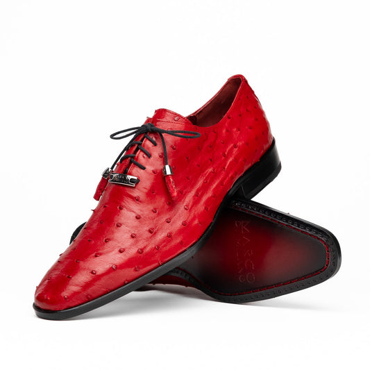 Introducing the Criss Red by Marco Di Milano: a pair of striking red genuine ostrich quill leather dress oxford shoes with black laces—one elegantly upright and the other displayed on its side to showcase the luxurious sole. This luxury footwear commands attention at every step.