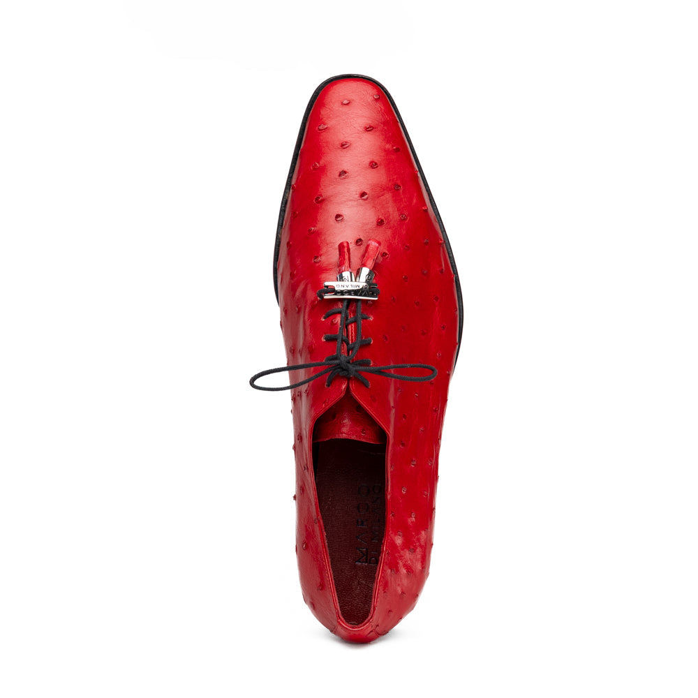 Introducing the Criss Red by Marco Di Milano: a pair of striking red genuine ostrich quill leather dress oxford shoes with black laces—one elegantly upright and the other displayed on its side to showcase the luxurious sole. This luxury footwear commands attention at every step.