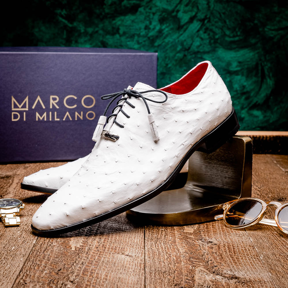 The Criss White by Marco Di Milano is a genuine ostrich quill luxury dress oxford featuring black laces, red inner lining, and a tan leather sole, shown on a white background.
