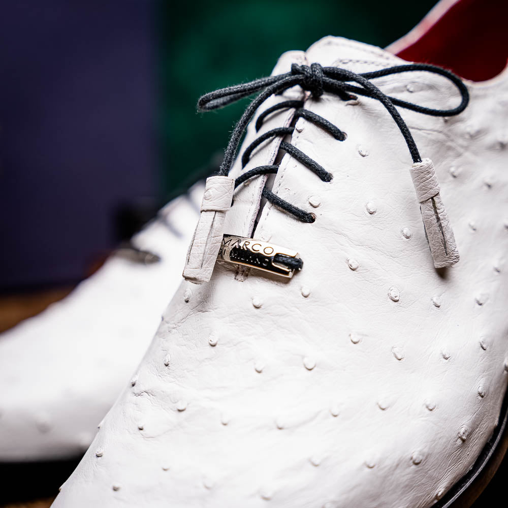 The Criss White by Marco Di Milano is a genuine ostrich quill luxury dress oxford featuring black laces, red inner lining, and a tan leather sole, shown on a white background.