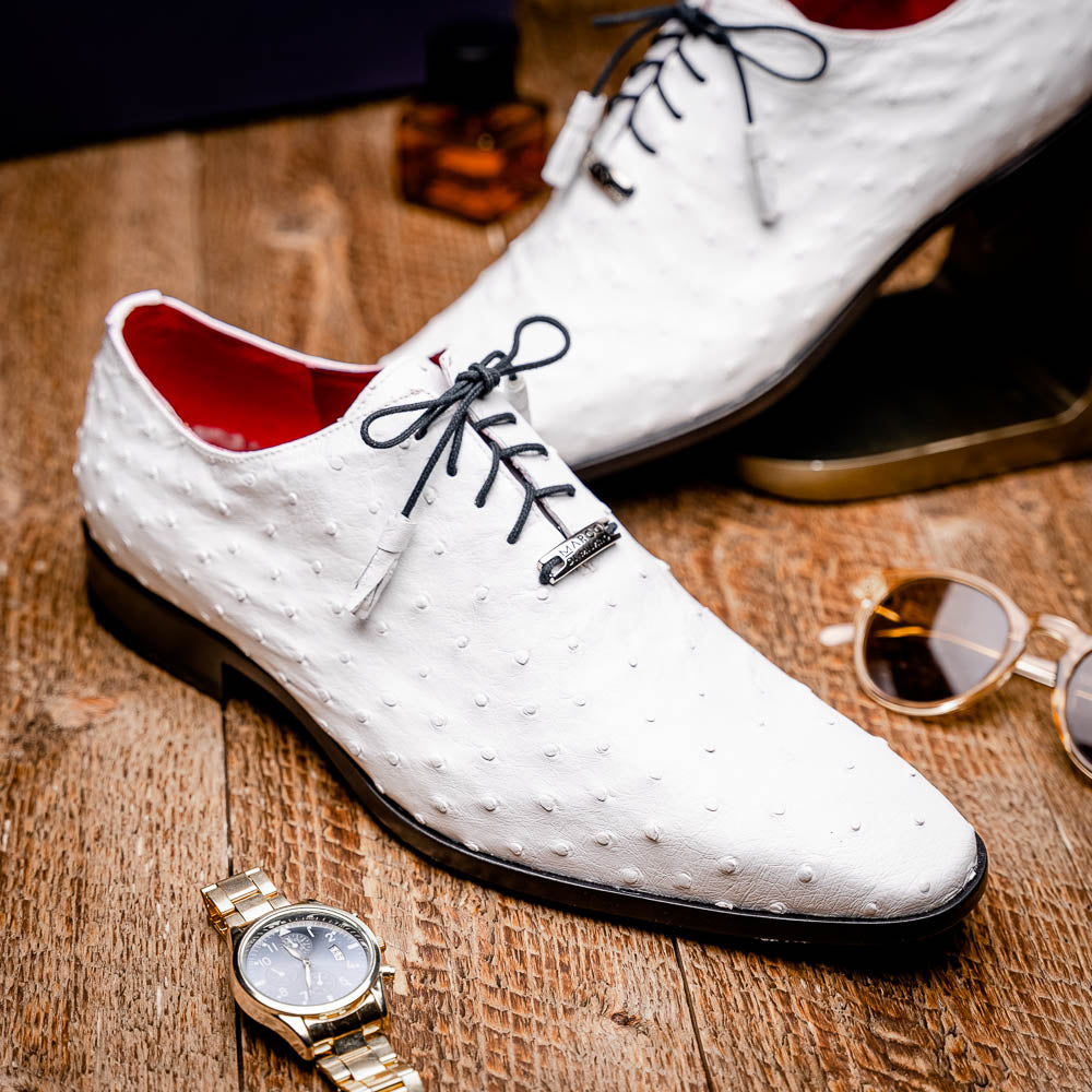 The Criss White by Marco Di Milano is a genuine ostrich quill luxury dress oxford featuring black laces, red inner lining, and a tan leather sole, shown on a white background.