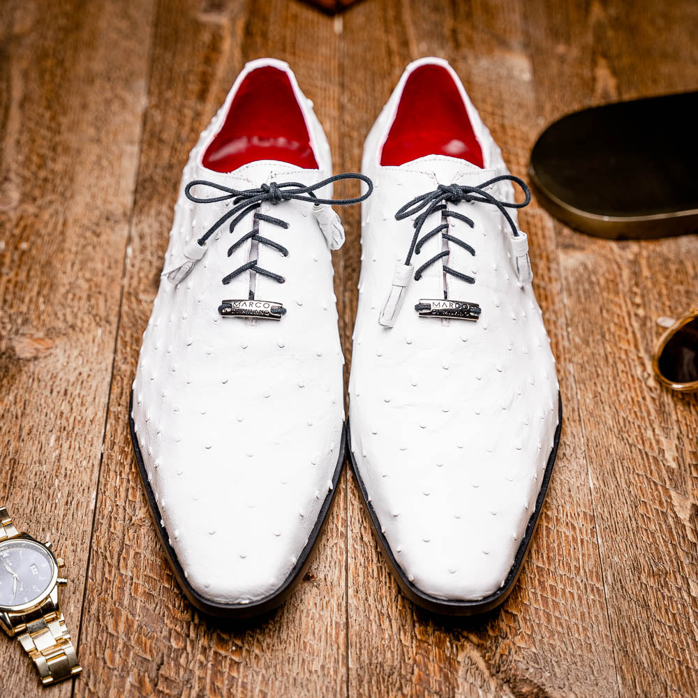 The Criss White by Marco Di Milano is a genuine ostrich quill luxury dress oxford featuring black laces, red inner lining, and a tan leather sole, shown on a white background.