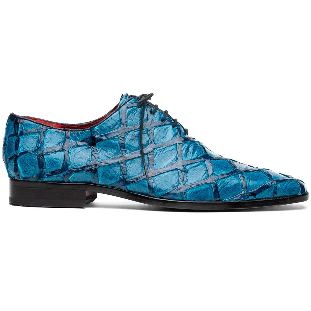 A pair of Marco Di Milano Olivieri Caribbean Blue crocodile leather oxfords with red interior lining; one shoe stands upright, the other shows its sole with "Marco Di Milano" branding.
