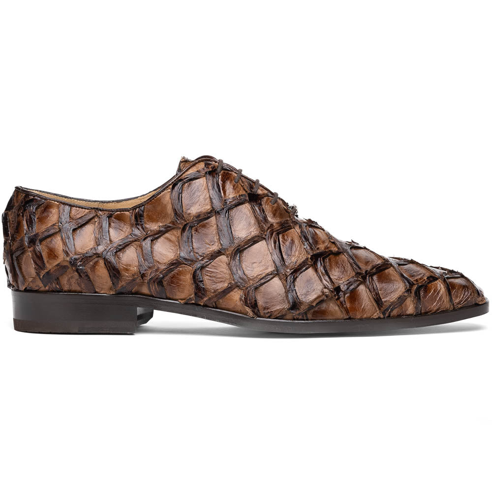 The Olivieri Clear Brown oxford shoes by Marco Di Milano showcase a textured crocodile leather design; one shoe stands upright as the other lies on its side, displaying the sole.