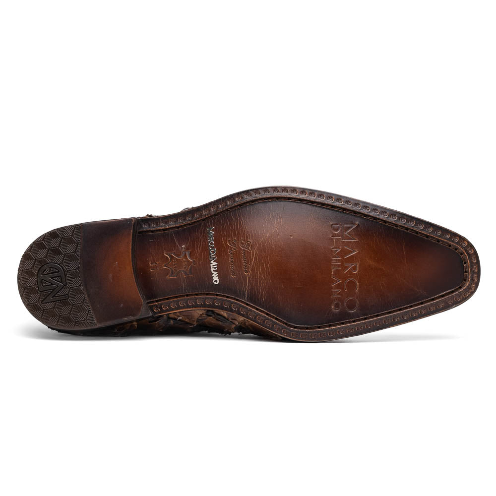 The Olivieri Clear Brown oxford shoes by Marco Di Milano showcase a textured crocodile leather design; one shoe stands upright as the other lies on its side, displaying the sole.