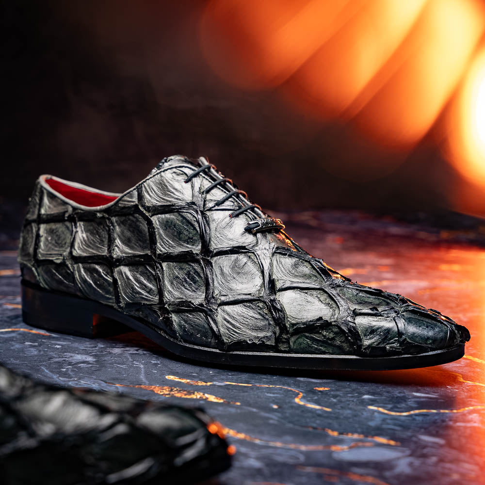 Olivieri Gray by Marco Di Milano: men's dress oxford shoes in textured dark gray crocodile leather, featuring red interior lining and "Marco" branding on the sole—luxury footwear for refined style.