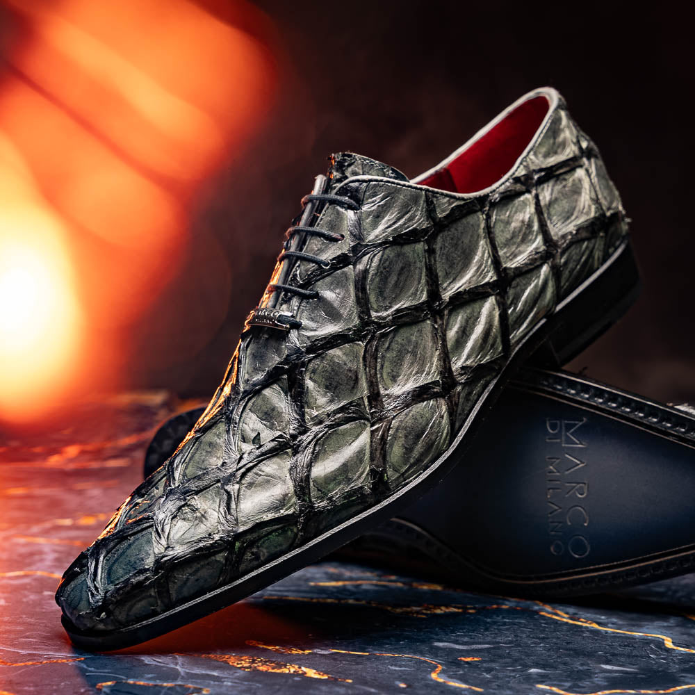 Olivieri Gray by Marco Di Milano: men's dress oxford shoes in textured dark gray crocodile leather, featuring red interior lining and "Marco" branding on the sole—luxury footwear for refined style.