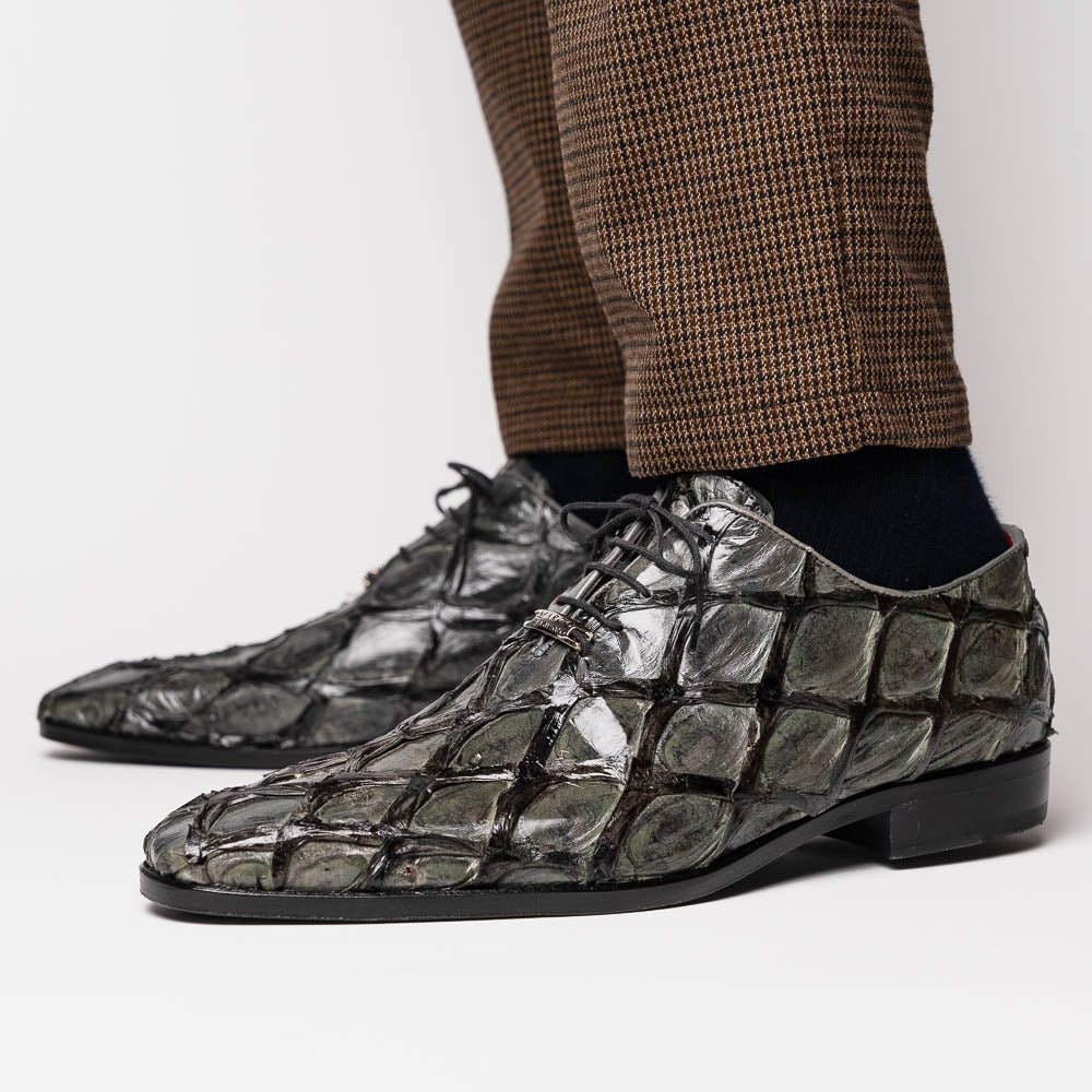 Olivieri Gray by Marco Di Milano: men's dress oxford shoes in textured dark gray crocodile leather, featuring red interior lining and "Marco" branding on the sole—luxury footwear for refined style.