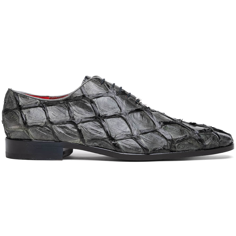 Olivieri Gray by Marco Di Milano: men's dress oxford shoes in textured dark gray crocodile leather, featuring red interior lining and "Marco" branding on the sole—luxury footwear for refined style.