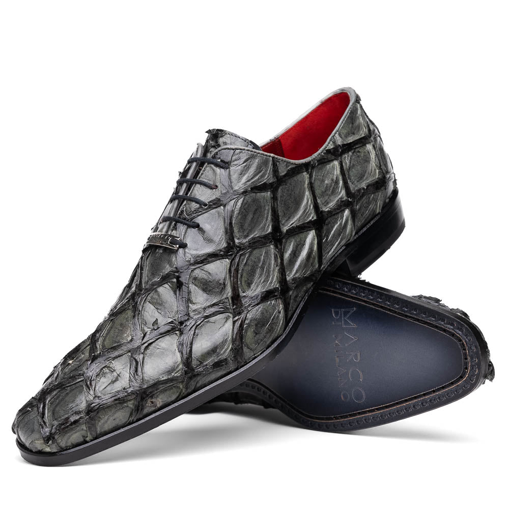Olivieri Gray by Marco Di Milano: men's dress oxford shoes in textured dark gray crocodile leather, featuring red interior lining and "Marco" branding on the sole—luxury footwear for refined style.