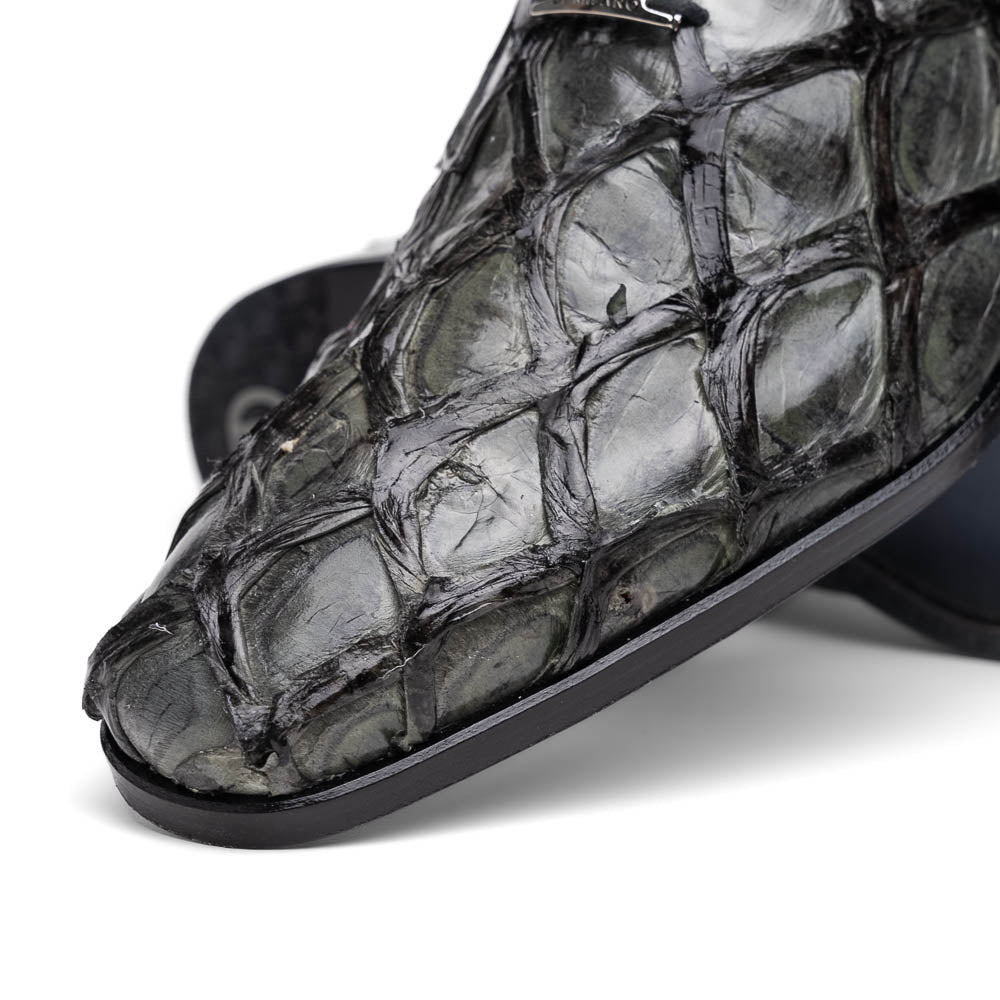Olivieri Gray by Marco Di Milano: men's dress oxford shoes in textured dark gray crocodile leather, featuring red interior lining and "Marco" branding on the sole—luxury footwear for refined style.