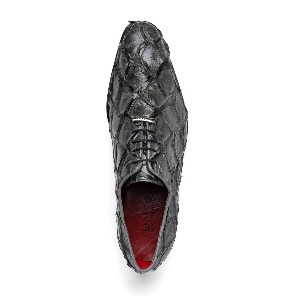 Olivieri Gray by Marco Di Milano: men's dress oxford shoes in textured dark gray crocodile leather, featuring red interior lining and "Marco" branding on the sole—luxury footwear for refined style.