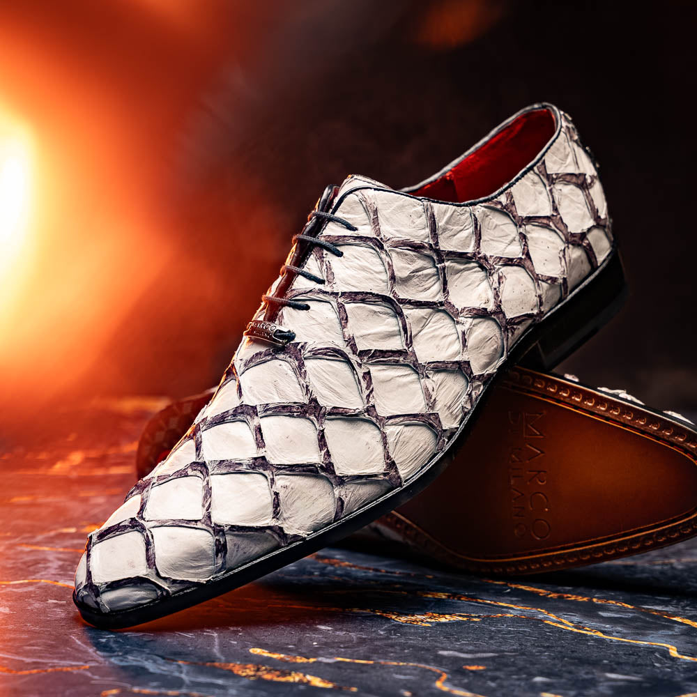 The Marco Di Milano Olivieri Newspaper is a luxury dress oxford featuring a white and gray pattern, black laces, red lining, and brown leather soles—crafted from genuine pirarucu for an elegant statement.