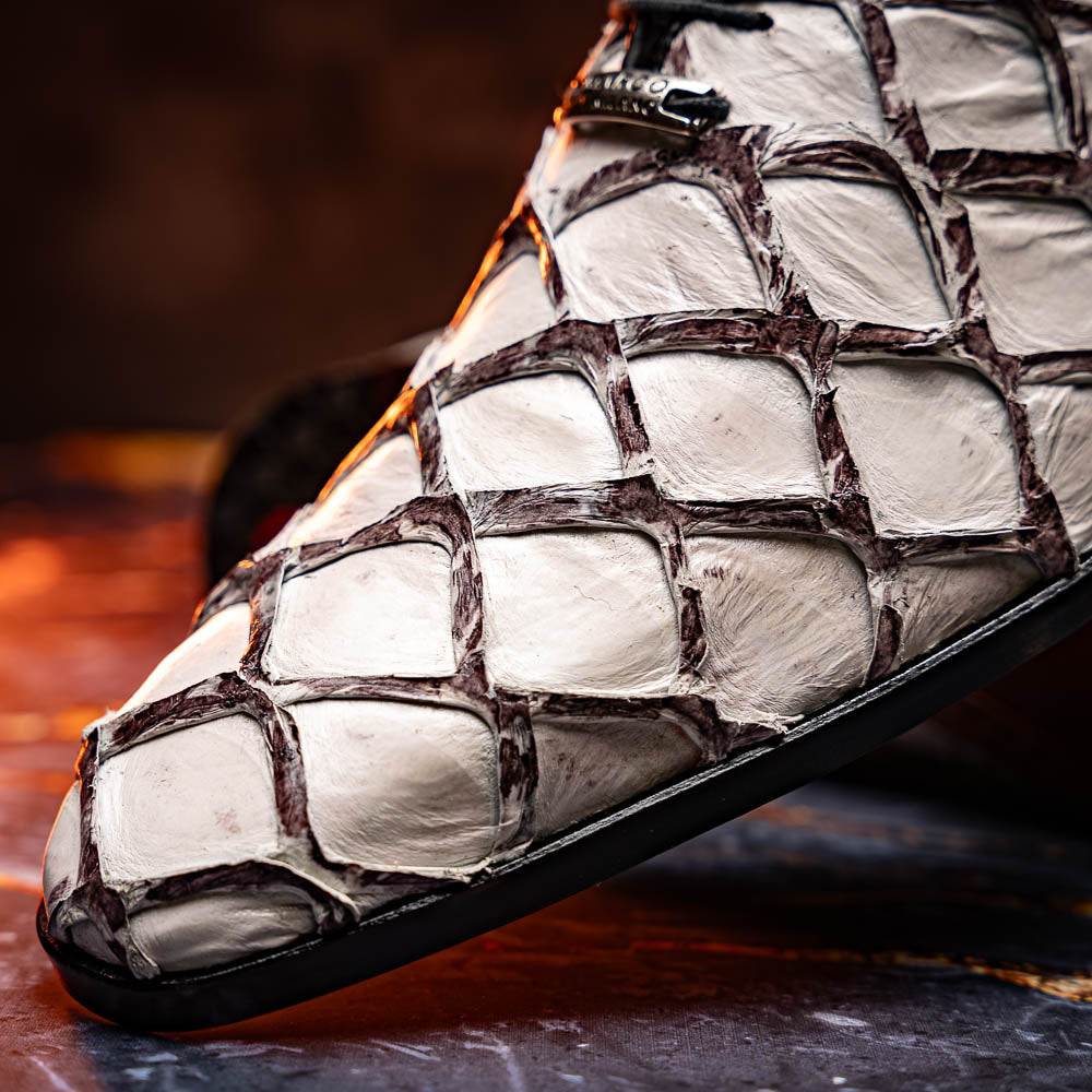 The Marco Di Milano Olivieri Newspaper is a luxury dress oxford featuring a white and gray pattern, black laces, red lining, and brown leather soles—crafted from genuine pirarucu for an elegant statement.