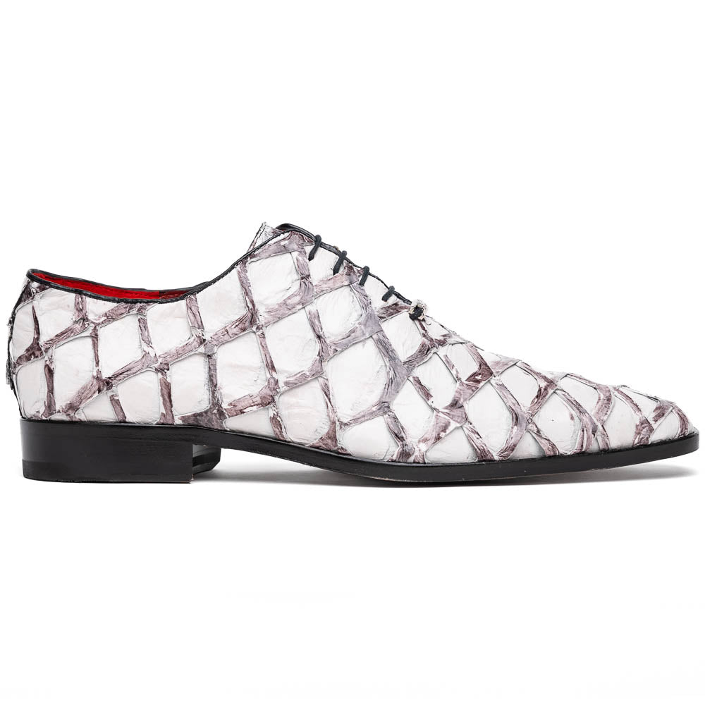 The Marco Di Milano Olivieri Newspaper is a luxury dress oxford featuring a white and gray pattern, black laces, red lining, and brown leather soles—crafted from genuine pirarucu for an elegant statement.