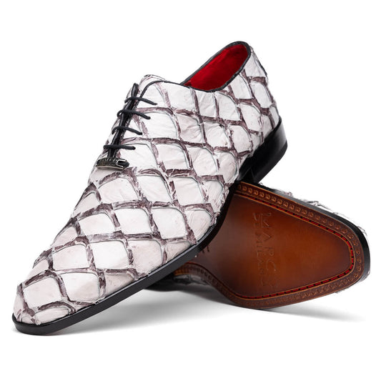 The Marco Di Milano Olivieri Newspaper is a luxury dress oxford featuring a white and gray pattern, black laces, red lining, and brown leather soles—crafted from genuine pirarucu for an elegant statement.