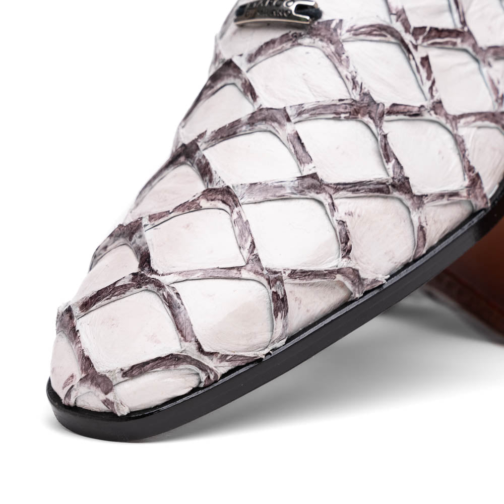 The Marco Di Milano Olivieri Newspaper is a luxury dress oxford featuring a white and gray pattern, black laces, red lining, and brown leather soles—crafted from genuine pirarucu for an elegant statement.