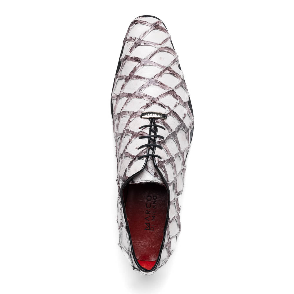 The Marco Di Milano Olivieri Newspaper is a luxury dress oxford featuring a white and gray pattern, black laces, red lining, and brown leather soles—crafted from genuine pirarucu for an elegant statement.
