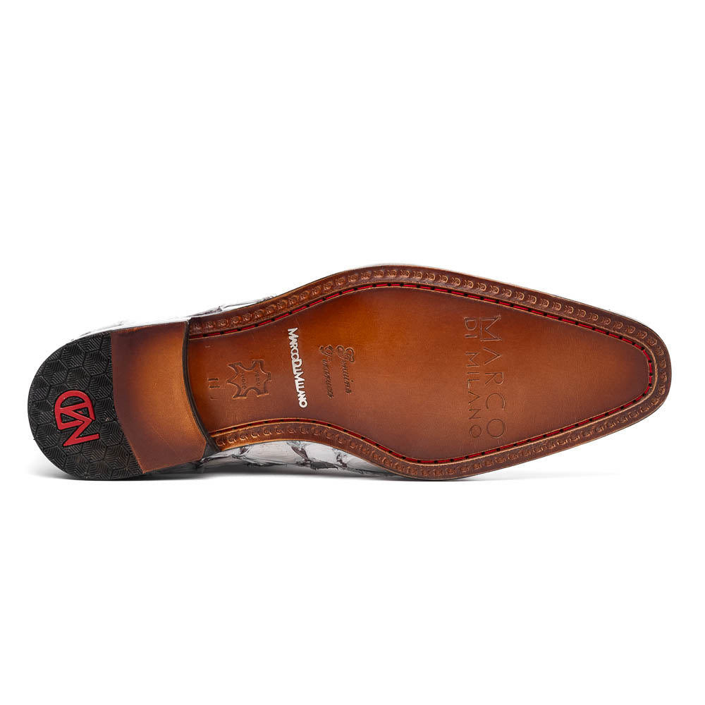 The Marco Di Milano Olivieri Newspaper is a luxury dress oxford featuring a white and gray pattern, black laces, red lining, and brown leather soles—crafted from genuine pirarucu for an elegant statement.