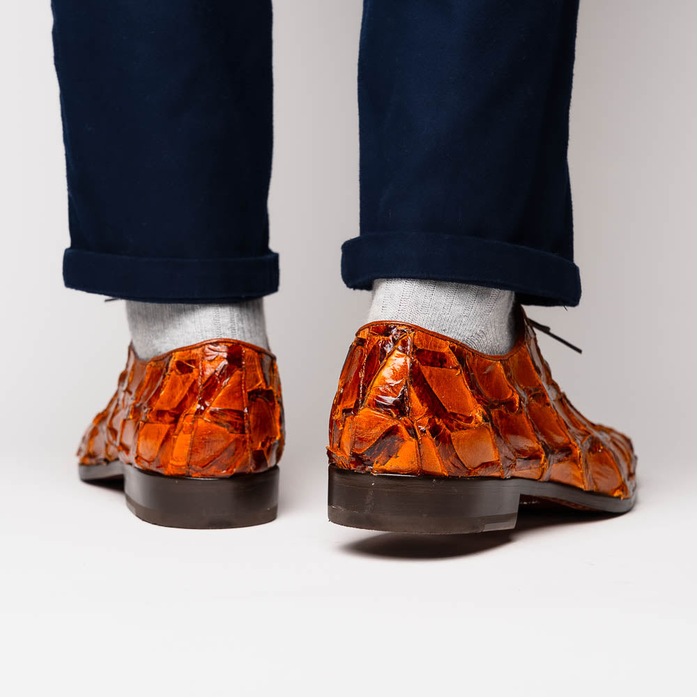 A pair of Olivieri Cognac dress shoes by Marco Di Milano, crafted from brown crocodile leather with black laces—one shoe stands upright, the other shows its sole—ideal for lovers of luxury footwear.