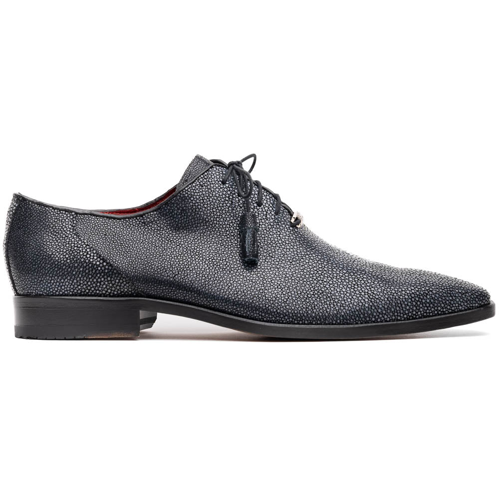 A pair of black textured Pannuci Black oxfords by Marco Di Milano, featuring red inner lining and a tan sole with the brand's logo—luxury footwear for those who value timeless style.