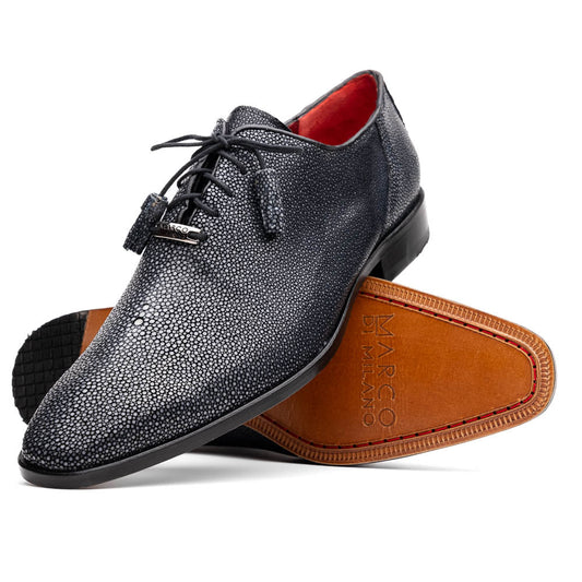 A pair of black textured Pannuci Black oxfords by Marco Di Milano, featuring red inner lining and a tan sole with the brand's logo—luxury footwear for those who value timeless style.