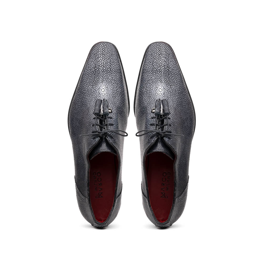A pair of black textured Pannuci Black oxfords by Marco Di Milano, featuring red inner lining and a tan sole with the brand's logo—luxury footwear for those who value timeless style.
