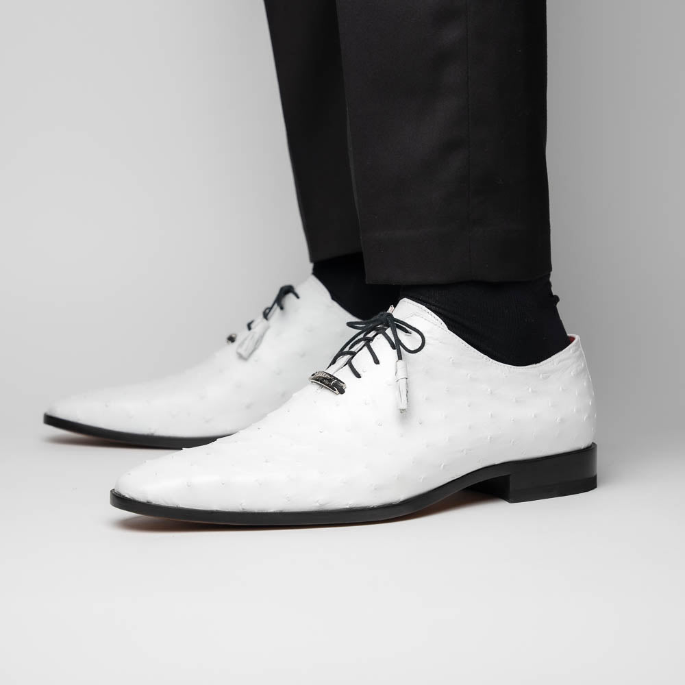 The Criss White by Marco Di Milano is a genuine ostrich quill luxury dress oxford featuring black laces, red inner lining, and a tan leather sole, shown on a white background.