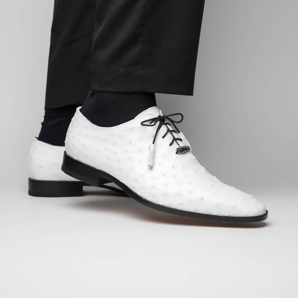 The Criss White by Marco Di Milano is a genuine ostrich quill luxury dress oxford featuring black laces, red inner lining, and a tan leather sole, shown on a white background.