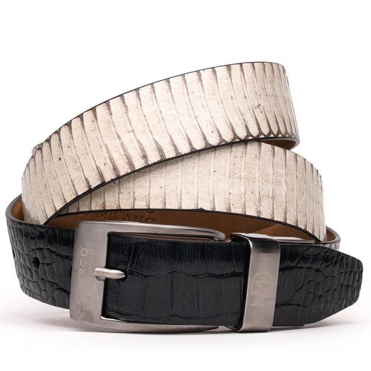 The Moncalieri Belt Bone / Black by Marco Di Milano features a textured white outer and black crocodile pattern by a silver buckle, mirroring the elegance of alligator and cobra skin to complement luxury footwear.