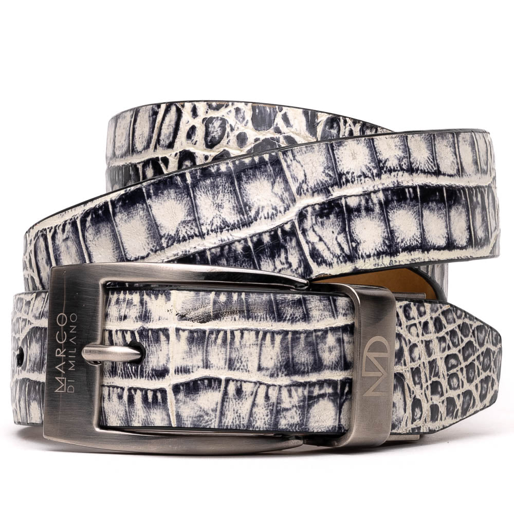 Here’s a rewritten sentence using your product data: The Silvio Belt Antique Newspaper by Marco Di Milano is a black and white genuine caiman belt with a crocodile pattern, finished with a silver buckle engraved with “Marco Di Milano.”.