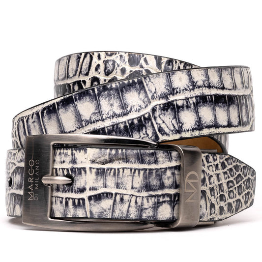 Here’s a rewritten sentence using your product data: The Silvio Belt Antique Newspaper by Marco Di Milano is a black and white genuine caiman belt with a crocodile pattern, finished with a silver buckle engraved with “Marco Di Milano.”.