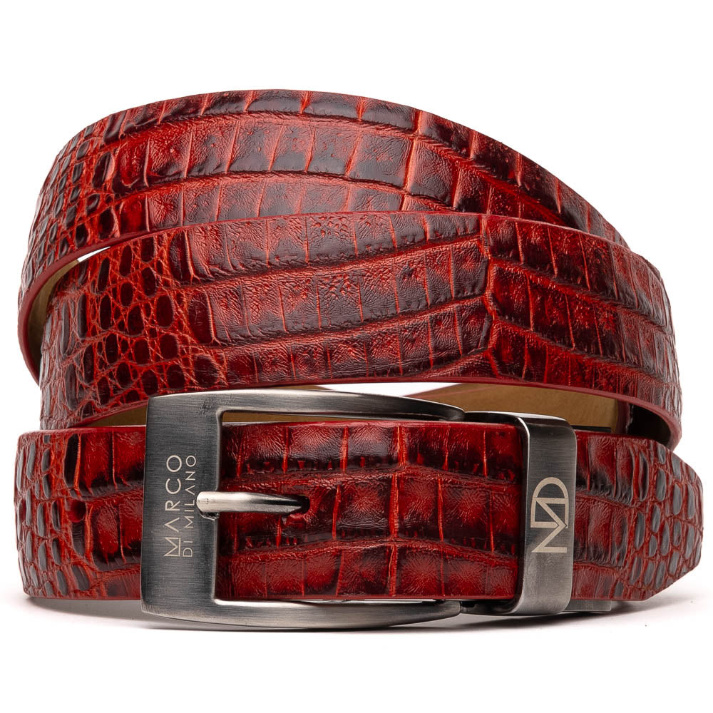 The Riccardo Belt Antique Red by Marco Di Milano is a rolled, red caiman belly belt with a crocodile pattern and a silver buckle engraved with the brand logo—an exceptional choice in luxury exotic belts.